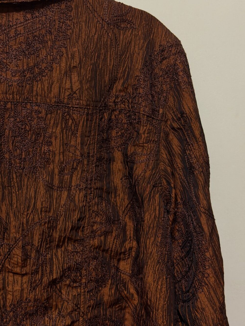 Coldwater Creek Metallic Copper / Bronze Crinkle Embroidered Button-Front Jacket - Picture 9 of 16